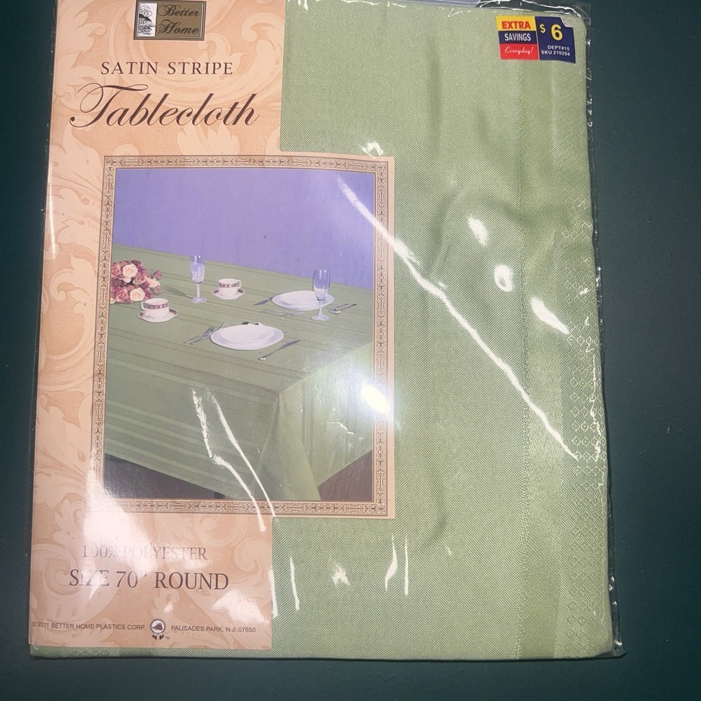 Better Home Satin Stripe Fabric Table Cloth 70" Round Vintage Sage Green New NOS